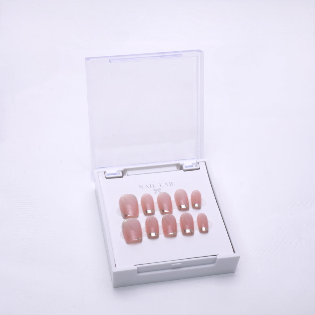NAIL LAB LIGHTCURE press-on nails in frosted rosy pink shimmer in case