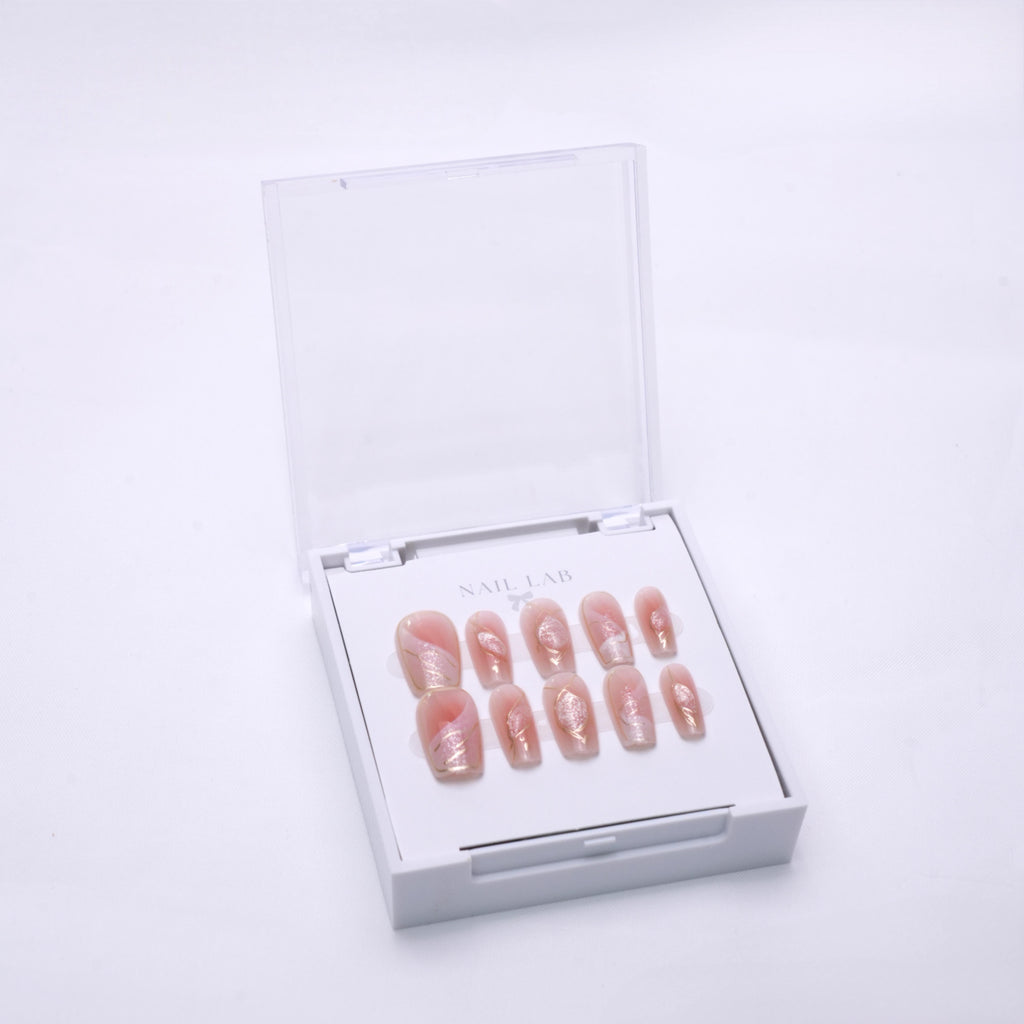 NAIL LAB LIGHTCURE press-on nails in soft rose vein pattern in case