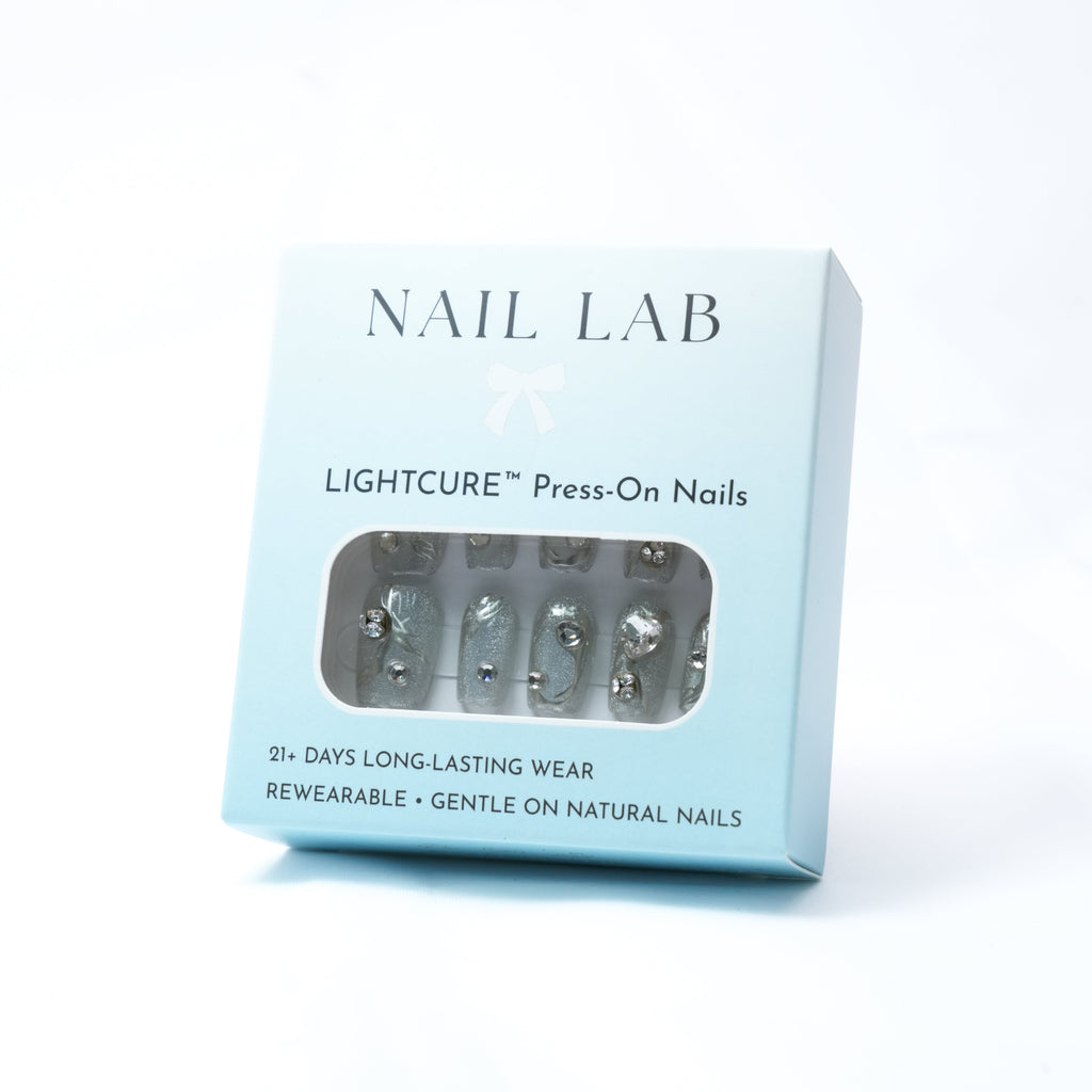 NAIL LAB LIGHTCURE press-on nails in cool icy silver shimmer