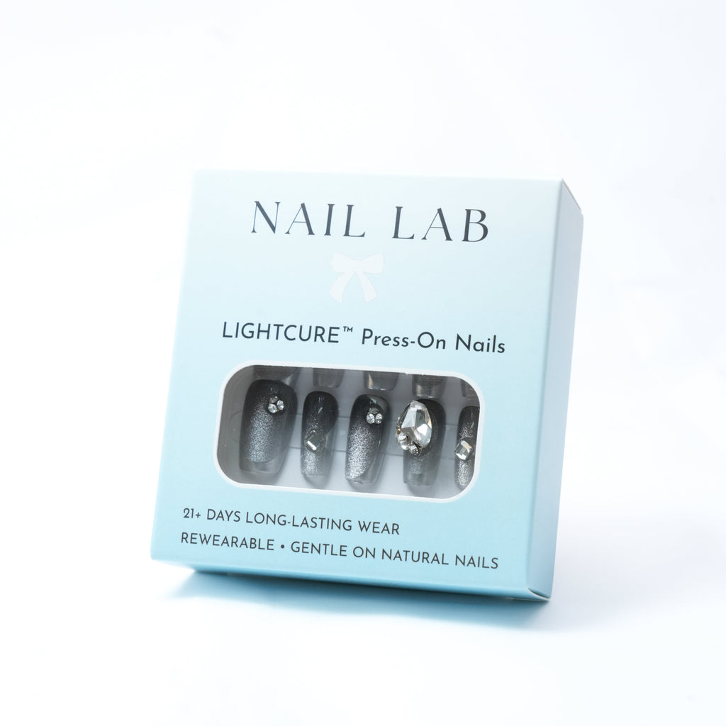 NAIL LAB LIGHTCURE press-on nails in graphite grey with subtle glow