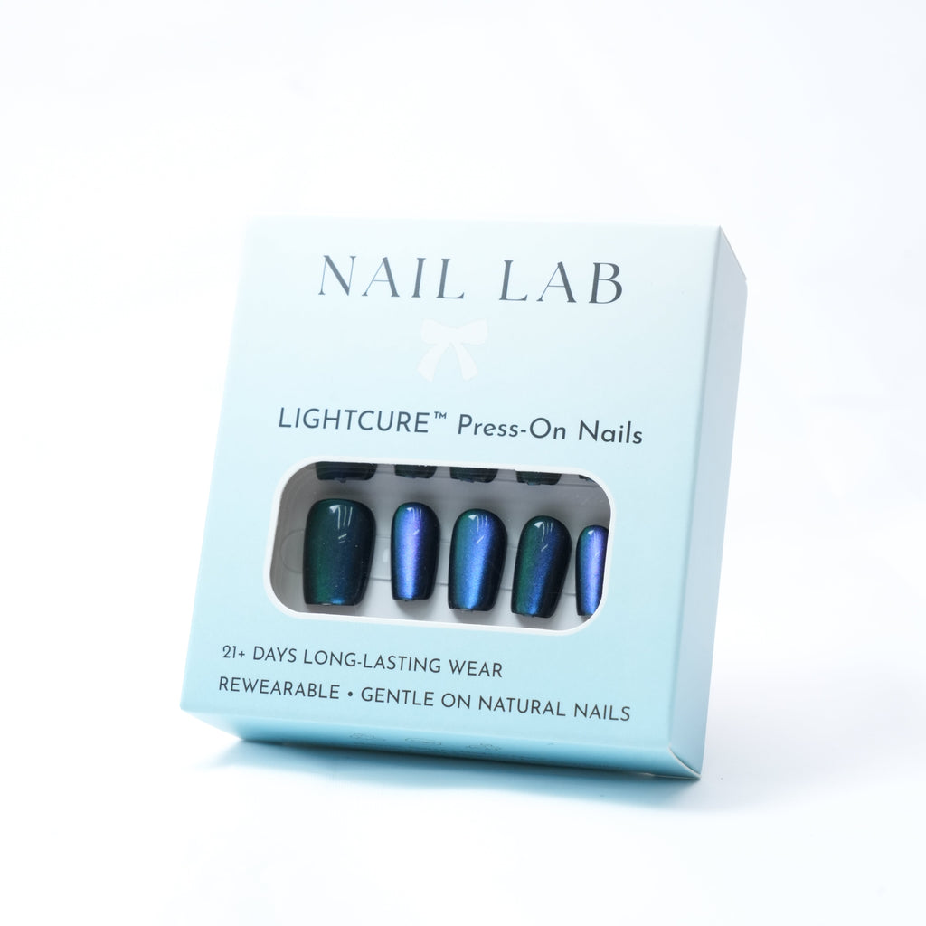NAIL LAB LIGHTCURE press-on nails in dark iridescent shimmer tones