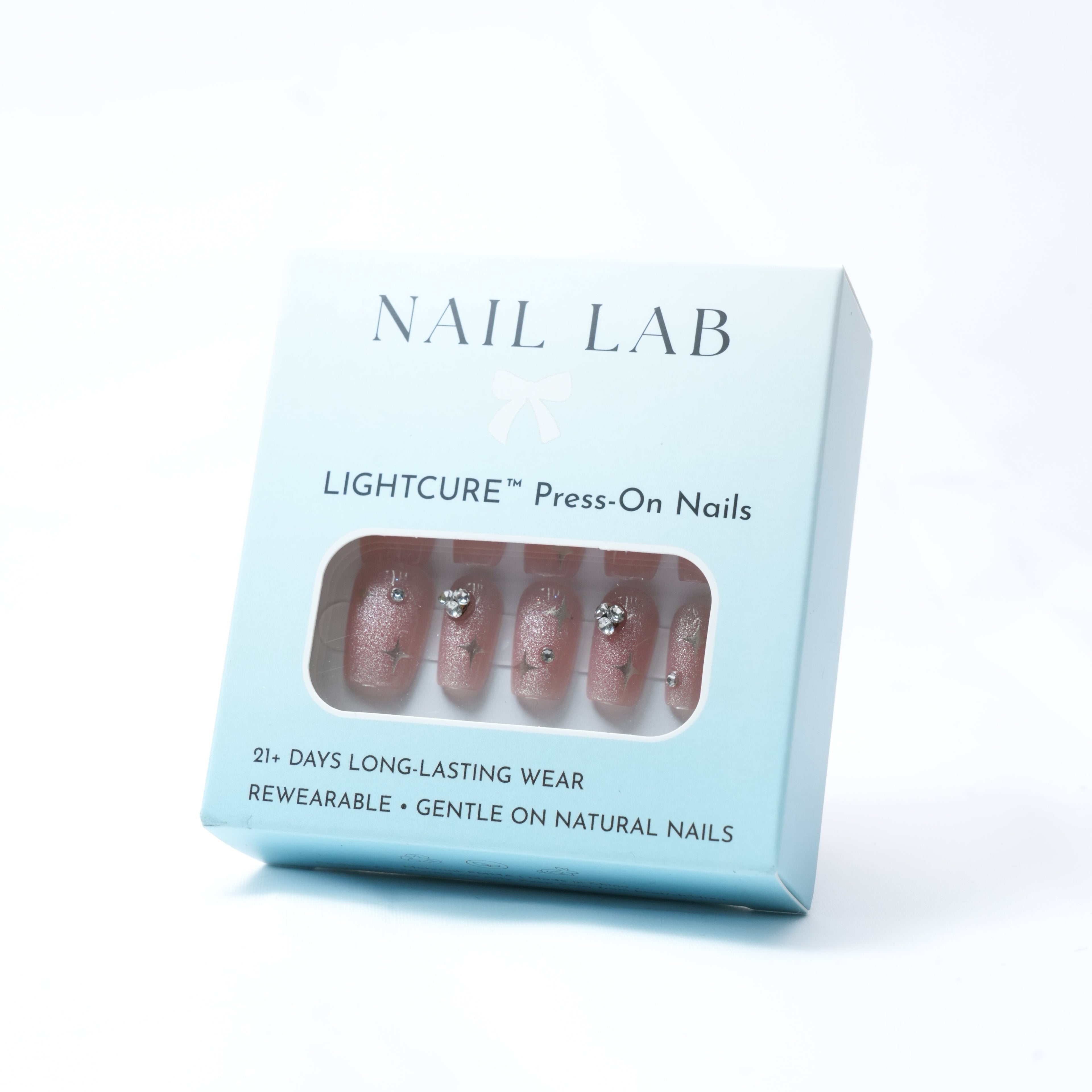 NAIL LAB LIGHTCURE press-on nails in rosy shimmer with fine sparkle