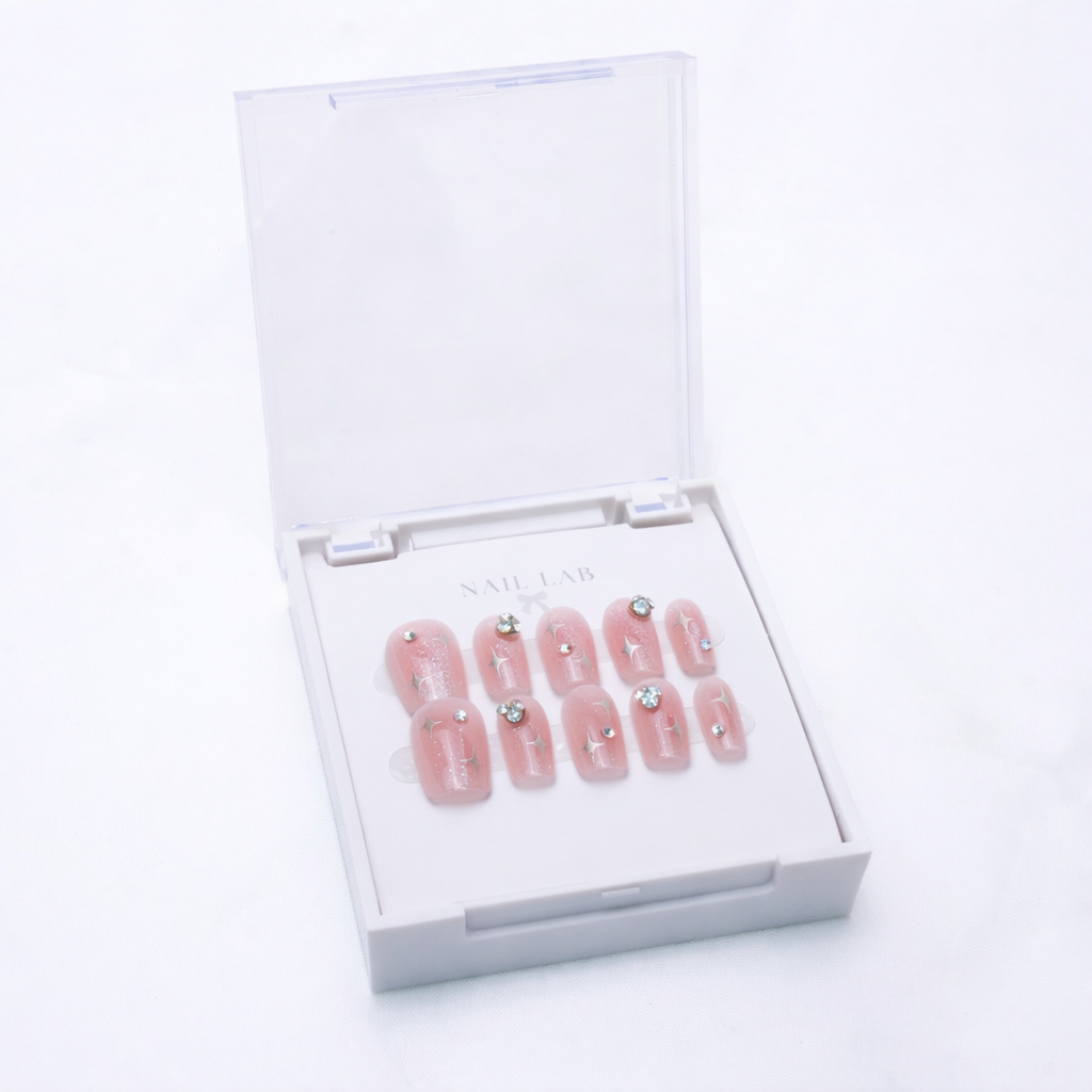 NAIL LAB LIGHTCURE press-on nails in rosy shimmer with fine sparkle in case