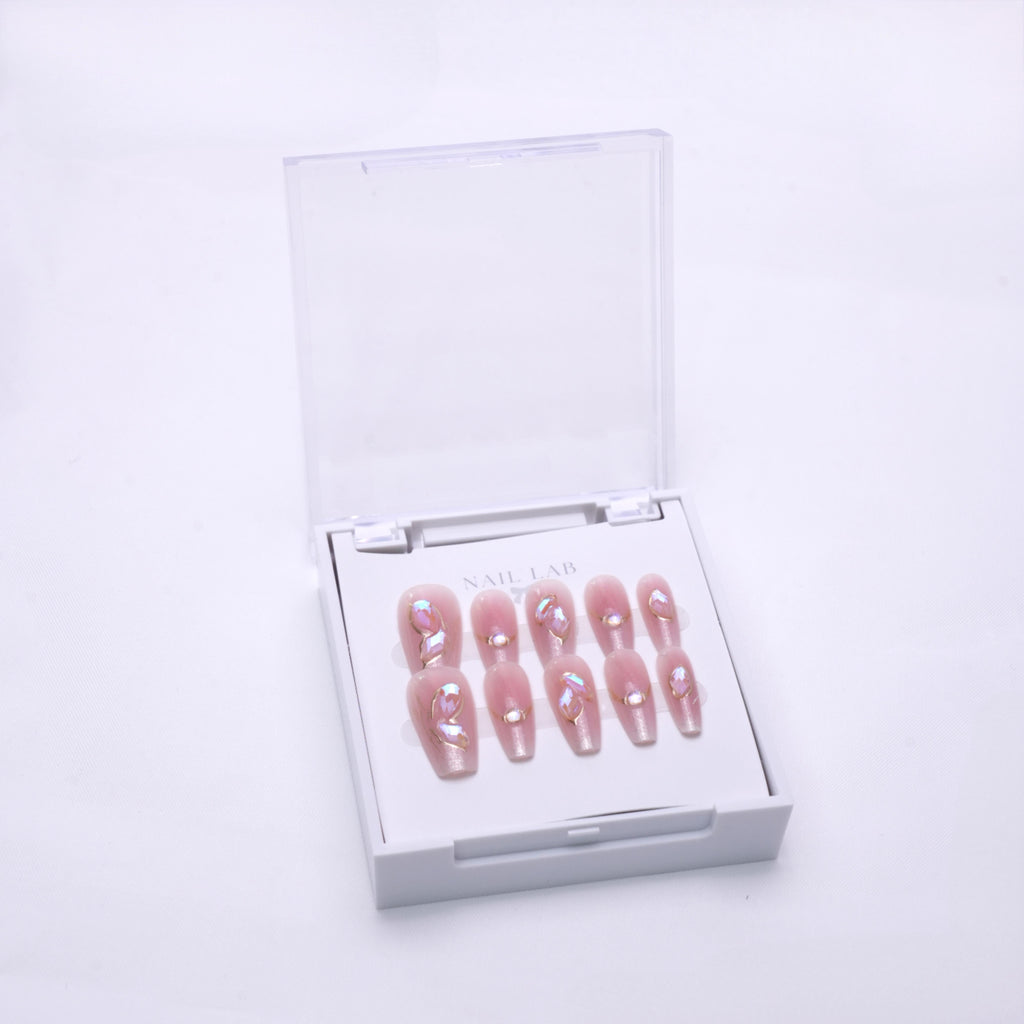 NAIL LAB LIGHTCURE press-on nails in soft pink opalescent shimmer in case