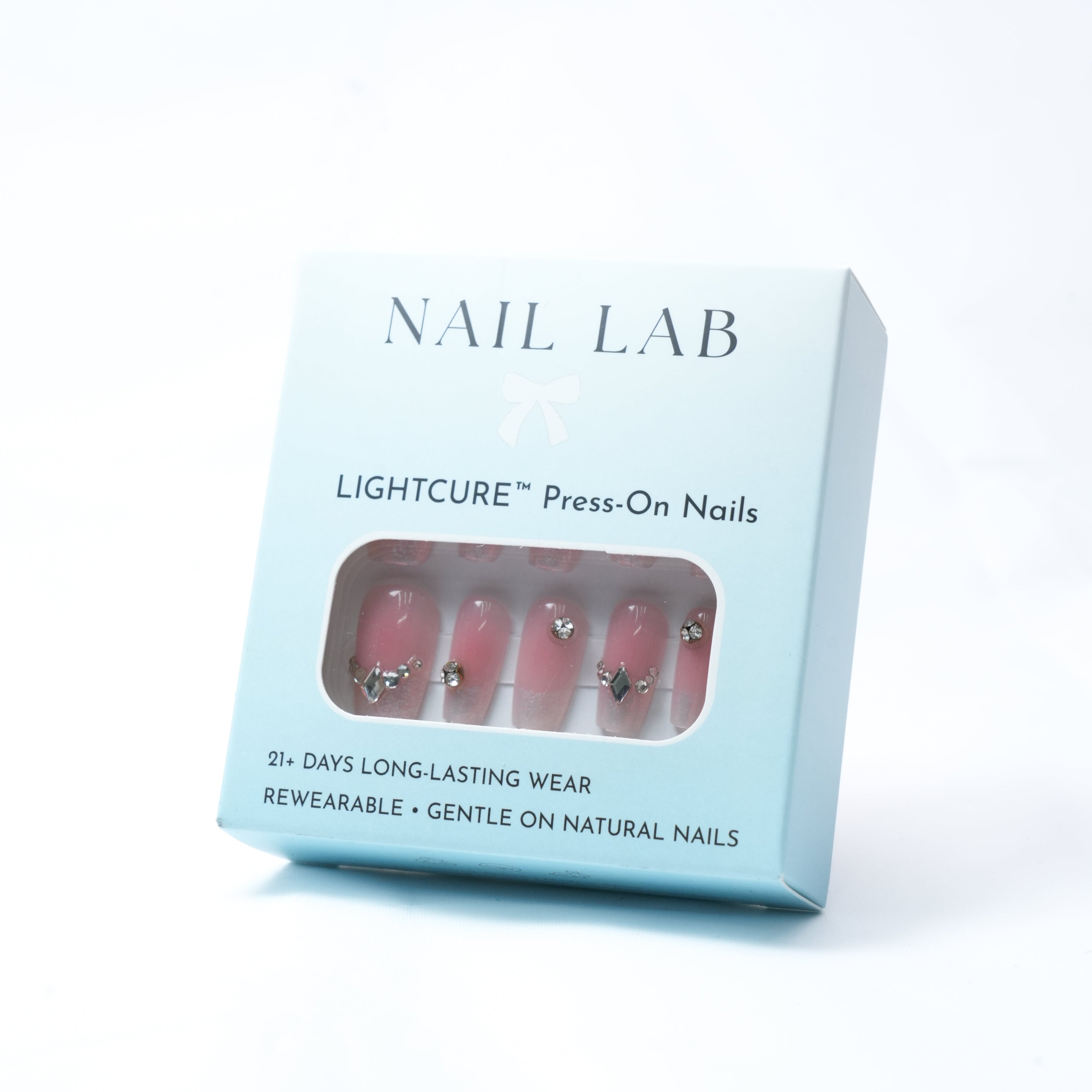 NAIL LAB LIGHTCURE press-on nails in light rose pink with crystal accents