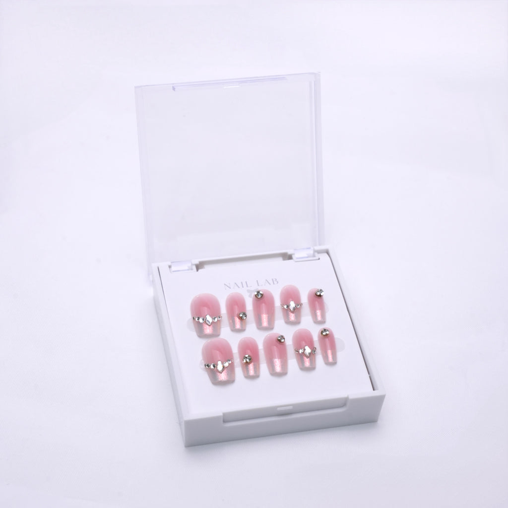 NAIL LAB LIGHTCURE press-on nails in light rose pink with crystal accents in case