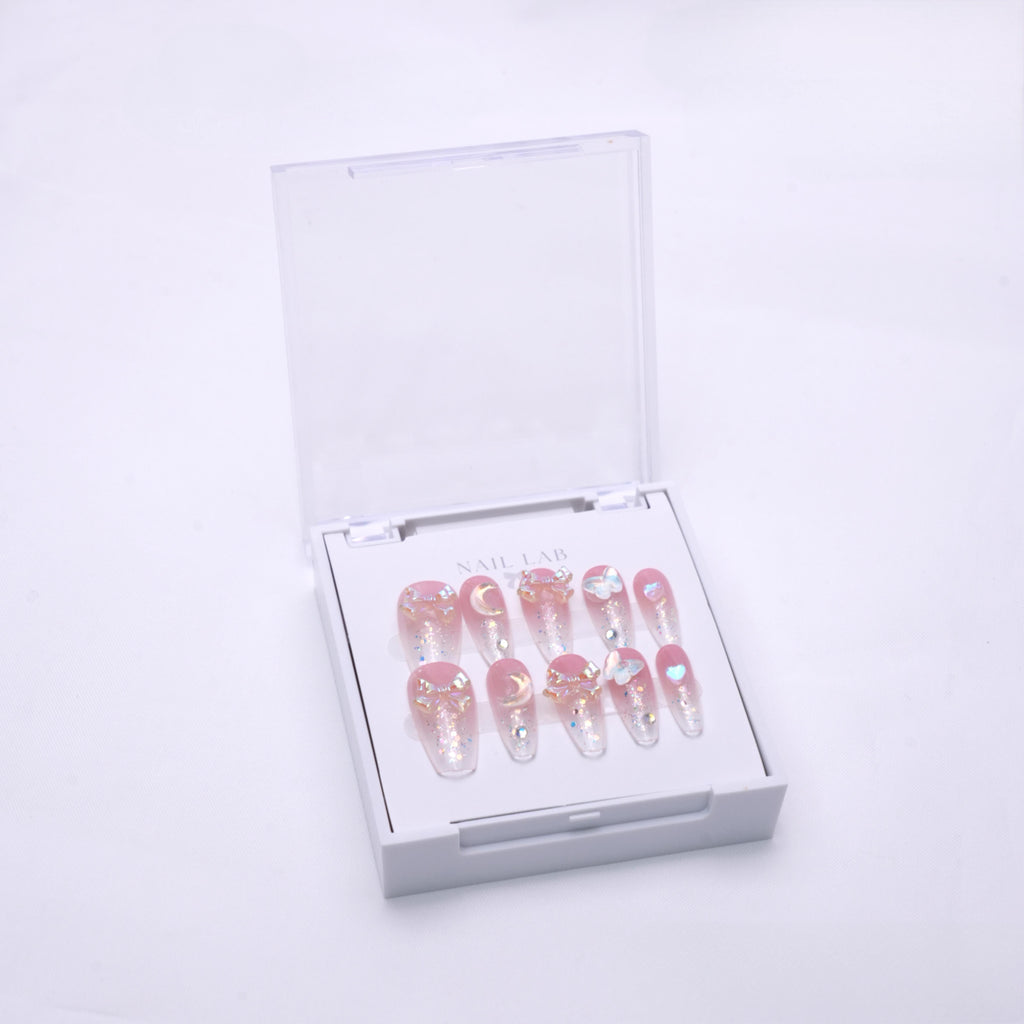 NAIL LAB LIGHTCURE press-on nails in blush pink with moonlit shimmer in case