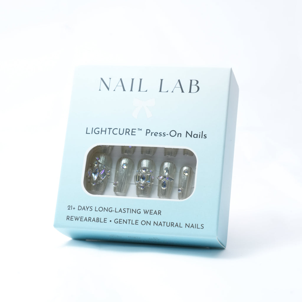 NAIL LAB LIGHTCURE press-on nails in translucent nude with crystal shimmer