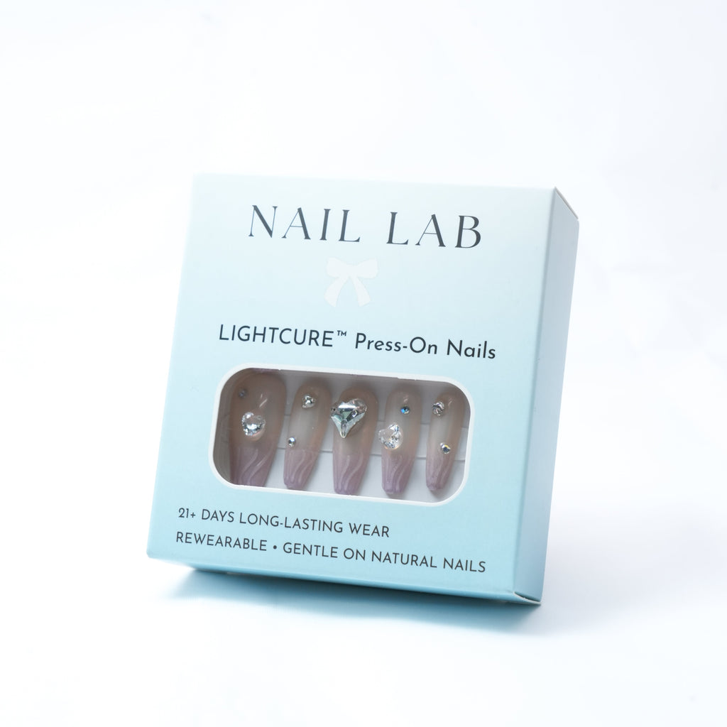 NAIL LAB LIGHTCURE press-on nails in soft amethyst lilac shimmer
