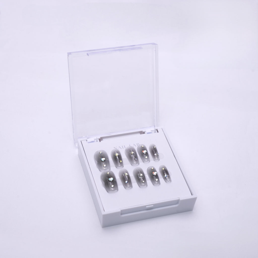 NAIL LAB LIGHTCURE press-on nails in deep onyx black with shimmer in case